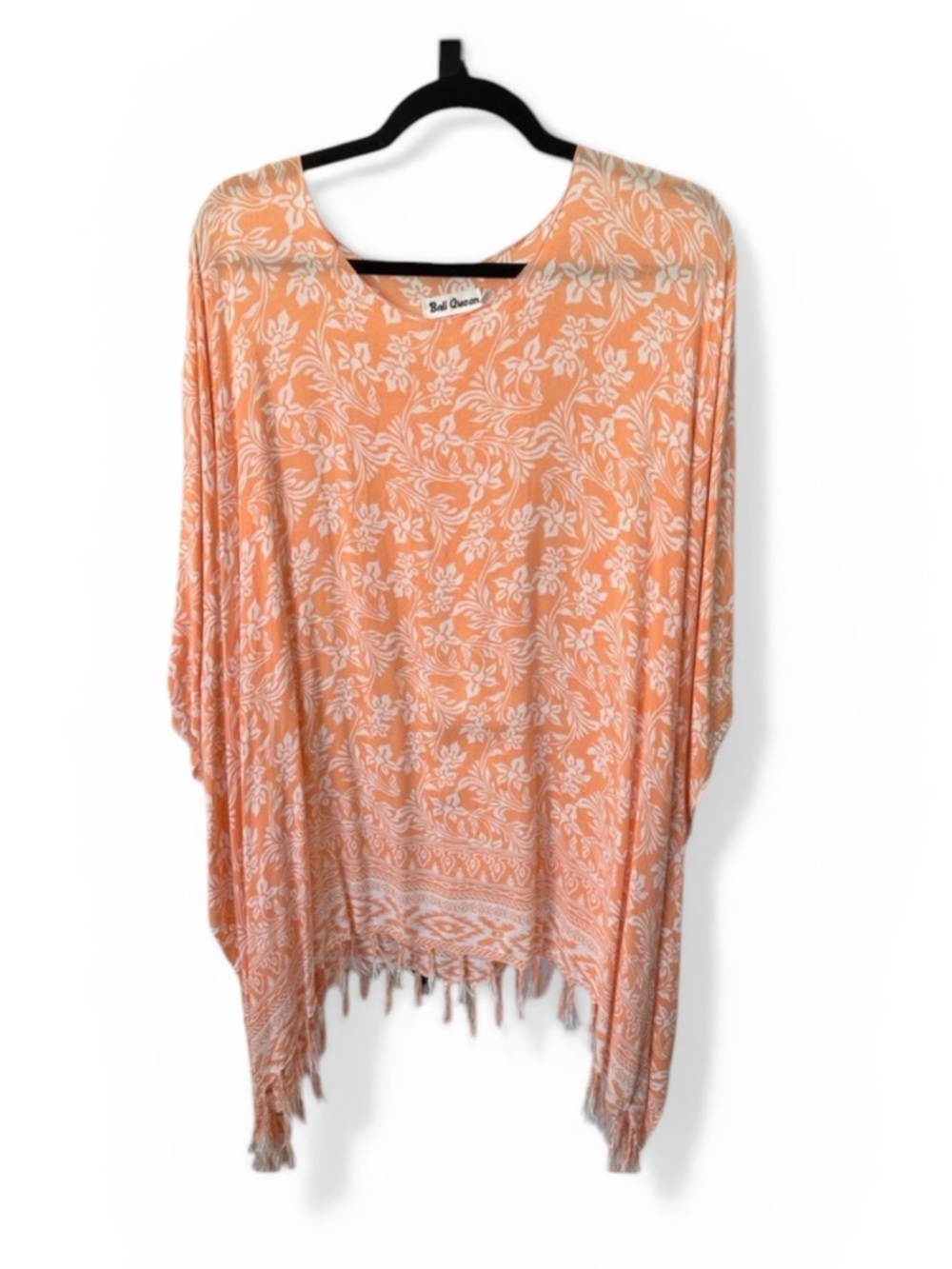 Bali Queen Pancho Kimono Peach Floral Resort Beach Poolside Boho Sz OS